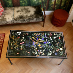 Black Marble Coffee Table – Lapis Lazuli Inlay with Birds, Pietra Dura Semi Precious Stone Art Unique Handicrafts IND