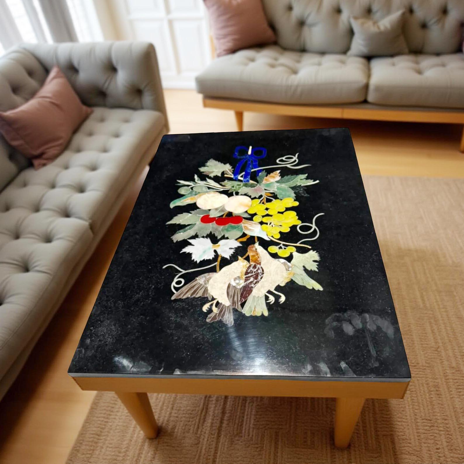 Black Marble Coffee Table – Pietra Dura Floral & Birds Inlay with Semi-Precious Stones, Handmade Artistic Decor Unique Handicrafts IND