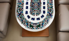 Elegant Oval Marble Dining Table – Semi-Precious Inlay Birds Art Pietra Dura Unique Handicrafts IND