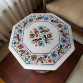 Elegant White Marble Table – Semi-Precious Inlay with Lapis Lazuli Birds & Floral Design Unique Handicrafts IND