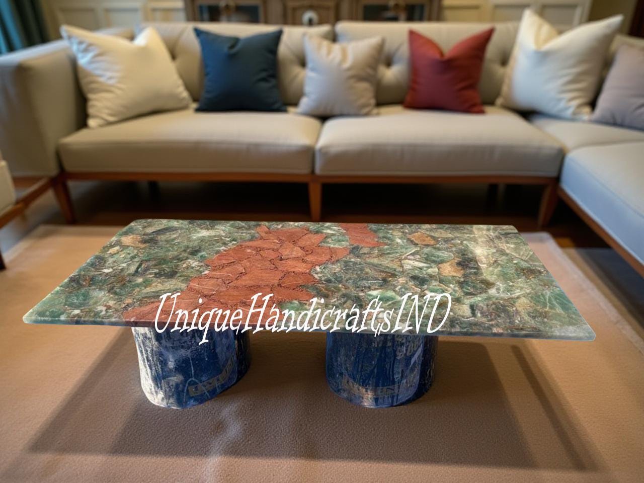 Green Agate Center Table – Modern Geode Dining Table, Natural Stone Living Room Table, Agate Side Table, Dining Room Decor Unique Handicrafts IND