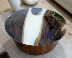 Handmade White Epoxy Table – Round Wooden Coffee or Dining Table, Centerpiece Furniture for Modern Home Decor Unique Handicrafts IND