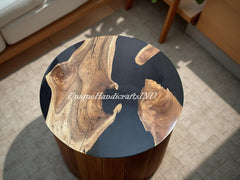 Black Epoxy Resin Round Table – Coffee Table, Dining Table, Handmade Wooden Furniture for Living Room or Home Decor Unique Handicrafts IND