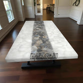 White Quartz & Brown Agate Table – Handmade Stone Coffee Table, Dining Top, Countertop Slab Unique Handicrafts IND
