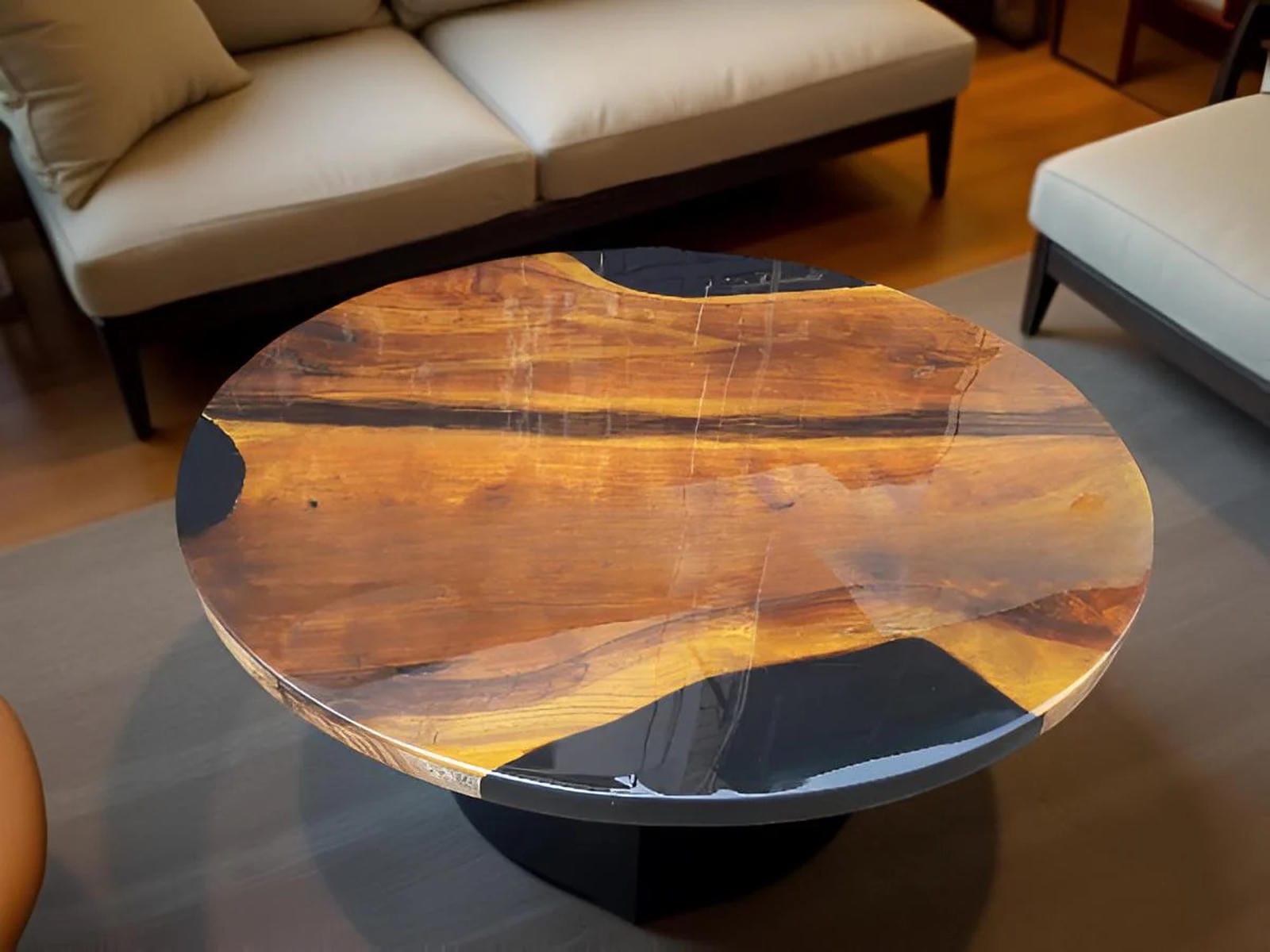 Black Epoxy Coffee Table – Round Wood Resin Table – Handmade Modern Wooden Furniture – Rustic Living Room Decor Unique Handicrafts IND