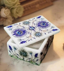 White Marble Jewelry Box – Lapis Inlay Floral Pietra Dura Art, Handmade Stone Keepsake Gift for Her, Luxury Decor Unique Handicrafts IND