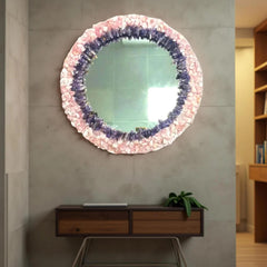 Elegant Rose Quartz & Amethyst Wall Mirror – Handmade Gemstone Frame – Crystal Mirror for Living Room or Bedroom Décor Unique Handicrafts IND