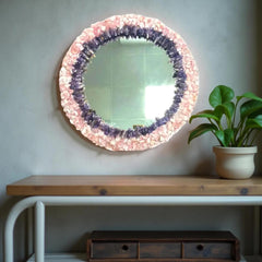 Elegant Rose Quartz & Amethyst Wall Mirror – Handmade Gemstone Frame – Crystal Mirror for Living Room or Bedroom Décor Unique Handicrafts IND
