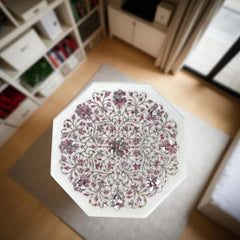 White Marble Coffee Table with Quartz Inlay – Floral Marquetry Semi-Precious Stone Art – Handmade Luxury Furniture Unique Handicrafts IND