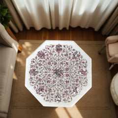 White Marble Coffee Table with Quartz Inlay – Floral Marquetry Semi-Precious Stone Art – Handmade Luxury Furniture Unique Handicrafts IND