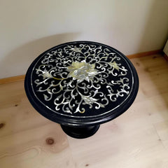 Black Marble Coffee Table with Mother of Pearl Inlay – Handmade Floral Stone Art – Elegant Living Room Decor Unique Handicrafts IND