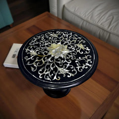 Black Marble Coffee Table with Mother of Pearl Inlay – Handmade Floral Stone Art – Elegant Living Room Decor Unique Handicrafts IND