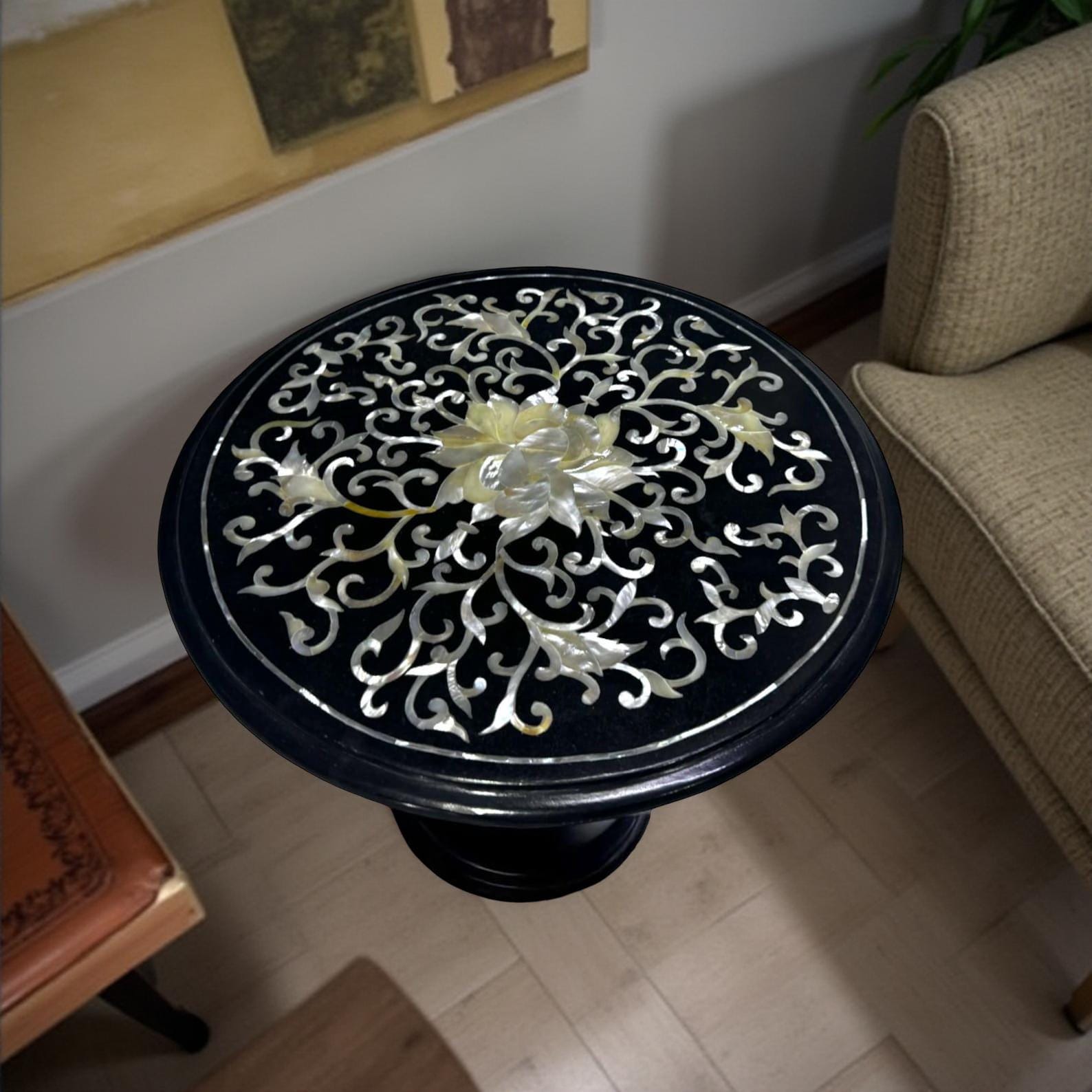 Black Marble Coffee Table with Mother of Pearl Inlay – Handmade Floral Stone Art – Elegant Living Room Decor Unique Handicrafts IND