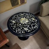 Black Marble Coffee Table with Mother of Pearl Inlay – Handmade Floral Stone Art – Elegant Living Room Decor Unique Handicrafts IND
