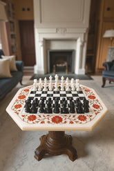 Marble Chess Set Game Table with Pieces – Carnelian Inlay Art | Christmas Gift Idea | Unique Birthday Gift for Son | Chess Table Unique Handicrafts IND