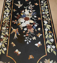 Black Marble Coffee Table Top – Pietra Dura Floral Inlay Art with Semi-Precious Stones | Handmade Table for Home Decor Unique Handicrafts IND