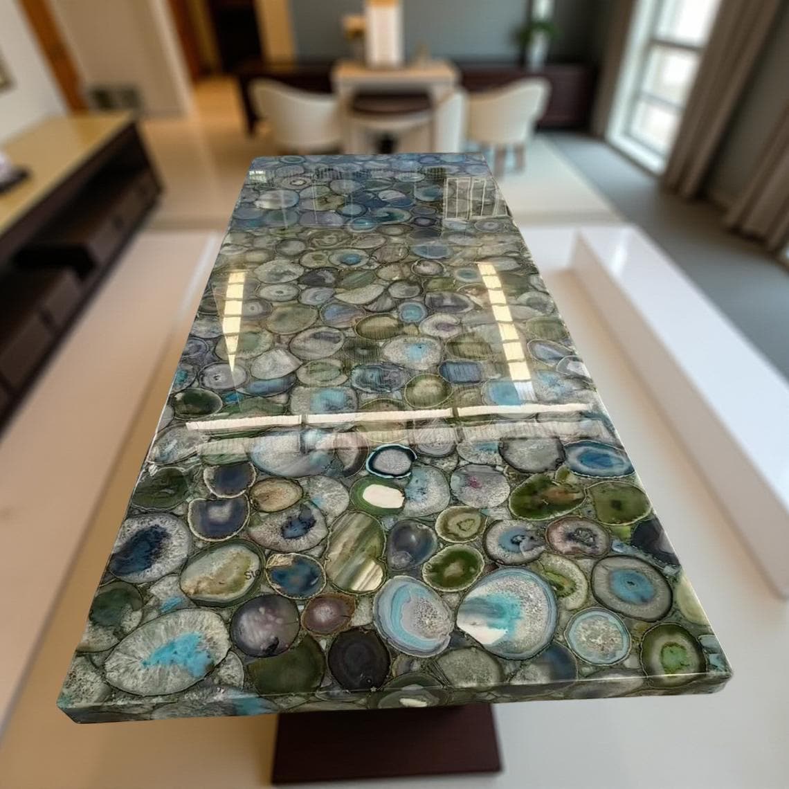 Custom Blue & Green Agate Table Top – Stone Slab for Coffee, Dining and Kitchen Countertops Unique Handicrafts IND