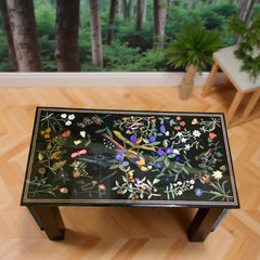 Black Marble Coffee Table – Lapis Lazuli Inlay with Birds, Pietra Dura Semi Precious Stone Art Unique Handicrafts IND