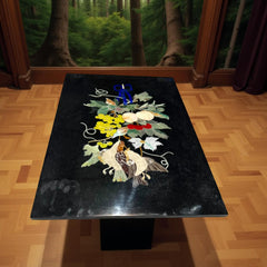 Black Marble Coffee Table – Pietra Dura Floral & Birds Inlay with Semi-Precious Stones, Handmade Artistic Decor Unique Handicrafts IND