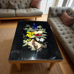 Black Marble Coffee Table – Pietra Dura Floral & Birds Inlay with Semi-Precious Stones, Handmade Artistic Decor Unique Handicrafts IND