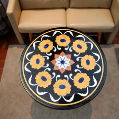 Black Marble Coffee Table Top – Handmade Pietra Dura Inlay with Semi-Precious Stones Unique Handicrafts IND