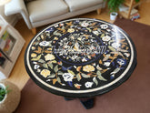 Black Marble Round Table – Pietra Dura Inlay – Semi-Precious Stone Floral & Bird Art Handmade Unique Handicrafts IND
