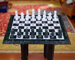 Antique Green Marble Chess Set Table With Chess Pieces And Wooden Stand Floral & Mosaic Arts Collectible Gifts For Dad Unique Handicrafts IND
