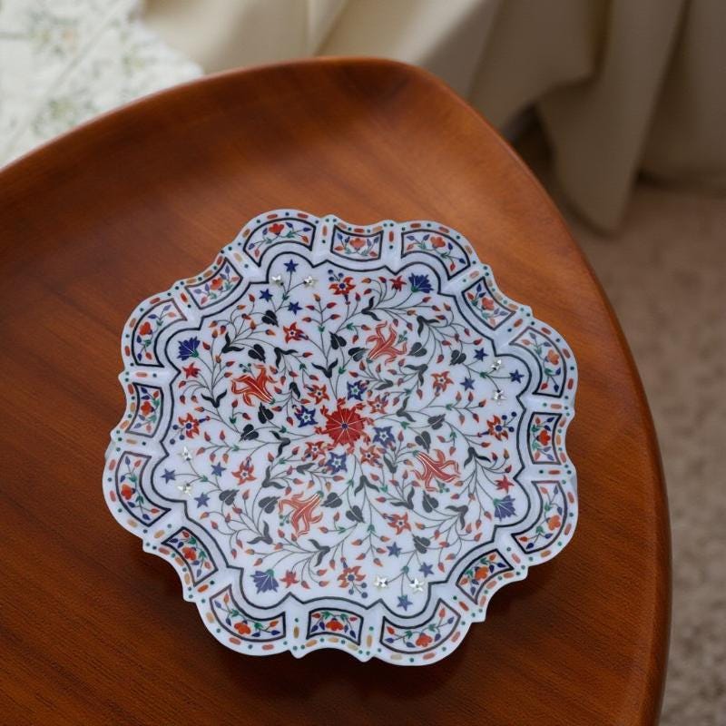 Elegant Marble Inlay Food Platter – Carnelian Flower Decorative Tray | Artisan Stone Serving Board Kitchen Accessories Unique Handicrafts IND