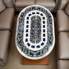 Elegant Oval Marble Dining Table – Semi-Precious Inlay Birds Art Pietra Dura Unique Handicrafts IND