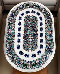 Elegant Oval Marble Dining Table – Semi-Precious Inlay Birds Art Pietra Dura Unique Handicrafts IND