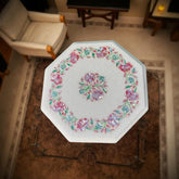 White Marble Coffee Table with Pink Mother of Pearl Inlay – Floral Pietra Dura Art – Handmade Luxury Accent Table for Living Room Décor Unique Handicrafts IND