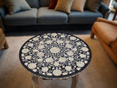 Black Marble Round Table with Mother of Pearl Inlay – Pietra Dura Floral Art – Handmade Stone Inlay Table for Home Décor & Gifts Unique Handicrafts IND
