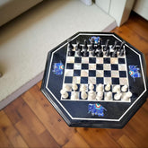 Black Marble Chess Board Set with Lapis Lazuli and Mother of Pearl Inlay – Elephant Art Design, Personalized Gift for Him & Her Unique Handicrafts IND