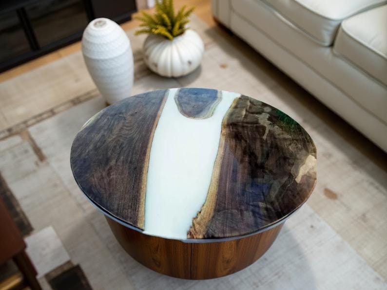 Handmade White Epoxy Table – Round Wooden Coffee or Dining Table, Centerpiece Furniture for Modern Home Decor Unique Handicrafts IND