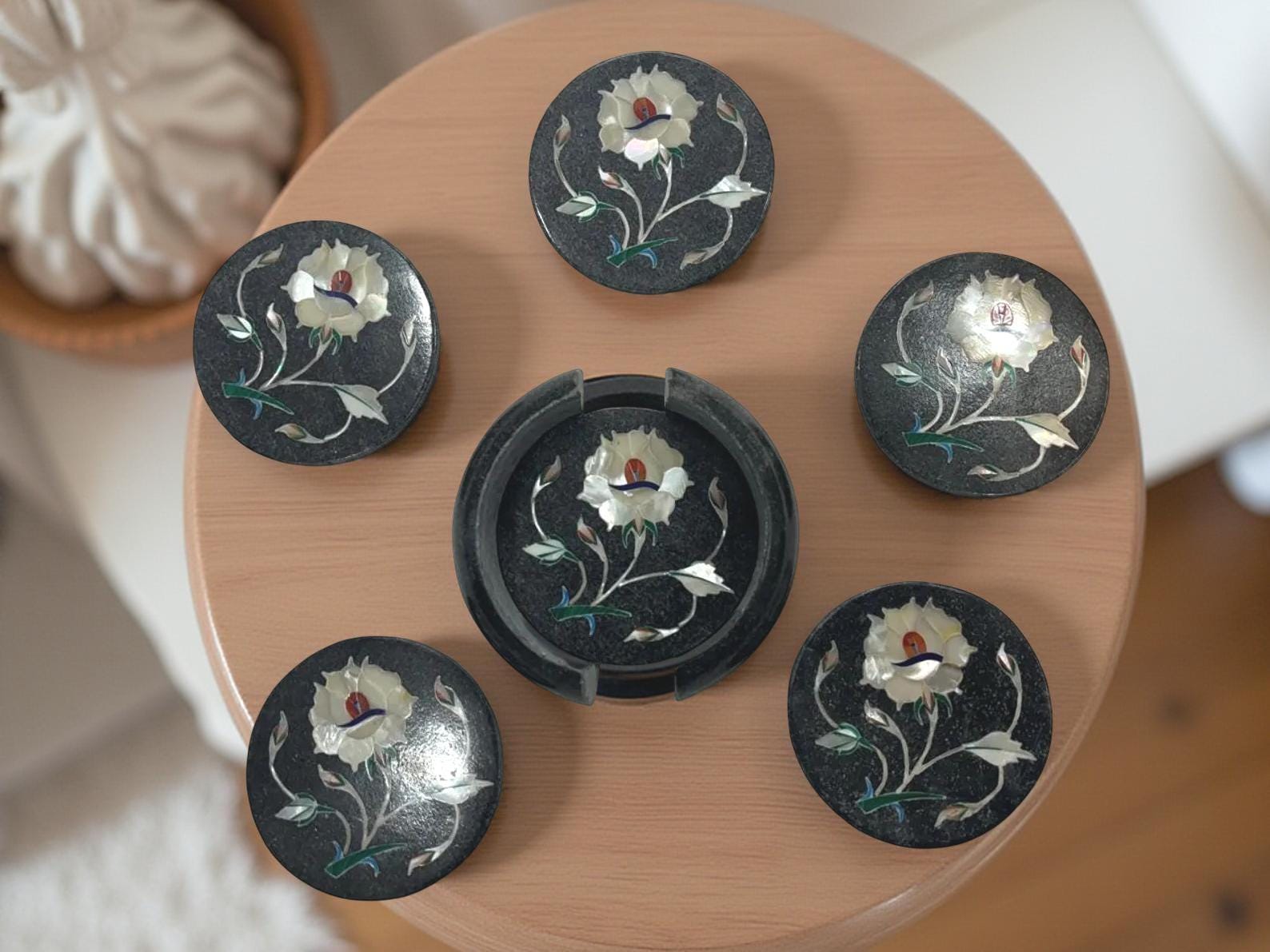 Luxury Black Marble Coaster Set | Mother of Pearl Inlay Barware Gift for Him & Office Decor Unique Handicrafts IND