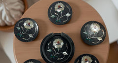 Luxury Black Marble Coaster Set | Mother of Pearl Inlay Barware Gift for Him & Office Decor Unique Handicrafts IND