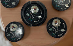 Luxury Black Marble Coaster Set | Mother of Pearl Inlay Barware Gift for Him & Office Decor Unique Handicrafts IND