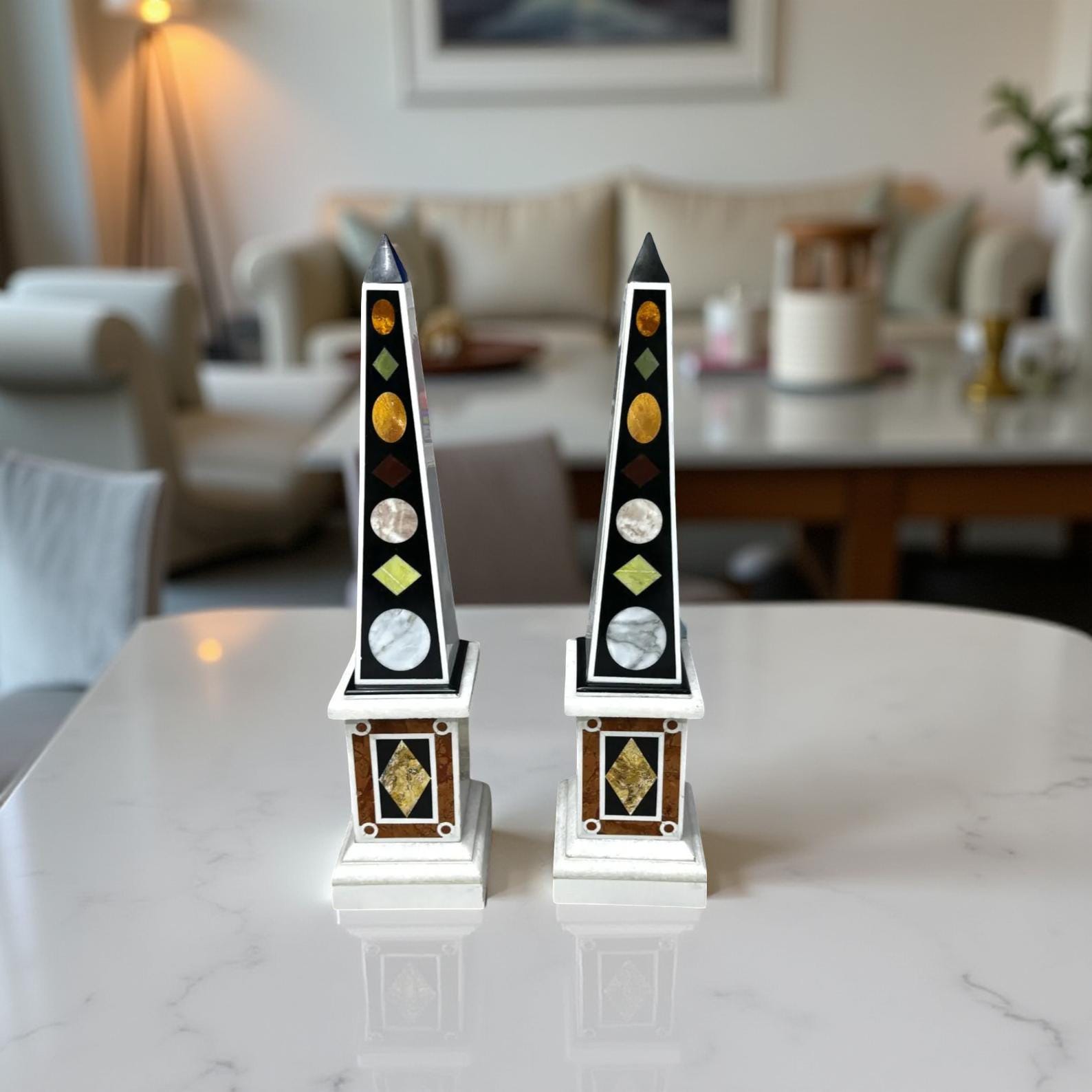Black Marble Obelisks Set of 2 – Handmade Decorative Overlay Art, Marble Obelisk Showpieces for Living Room & Home Decor Unique Handicrafts IND