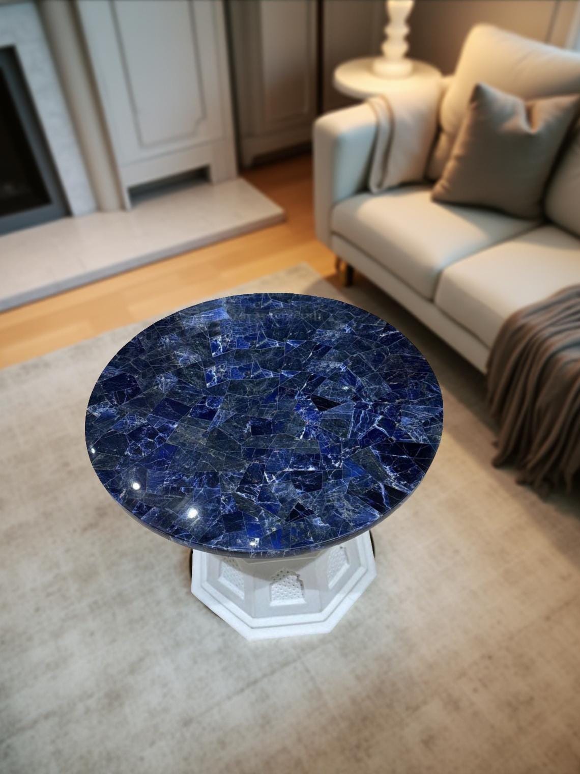Blue Sodalite Agate Coffee Table – Natural Stone Round Table, Handmade Modern Home Decor, Luxury Gemstone Furniture Unique Handicrafts IND