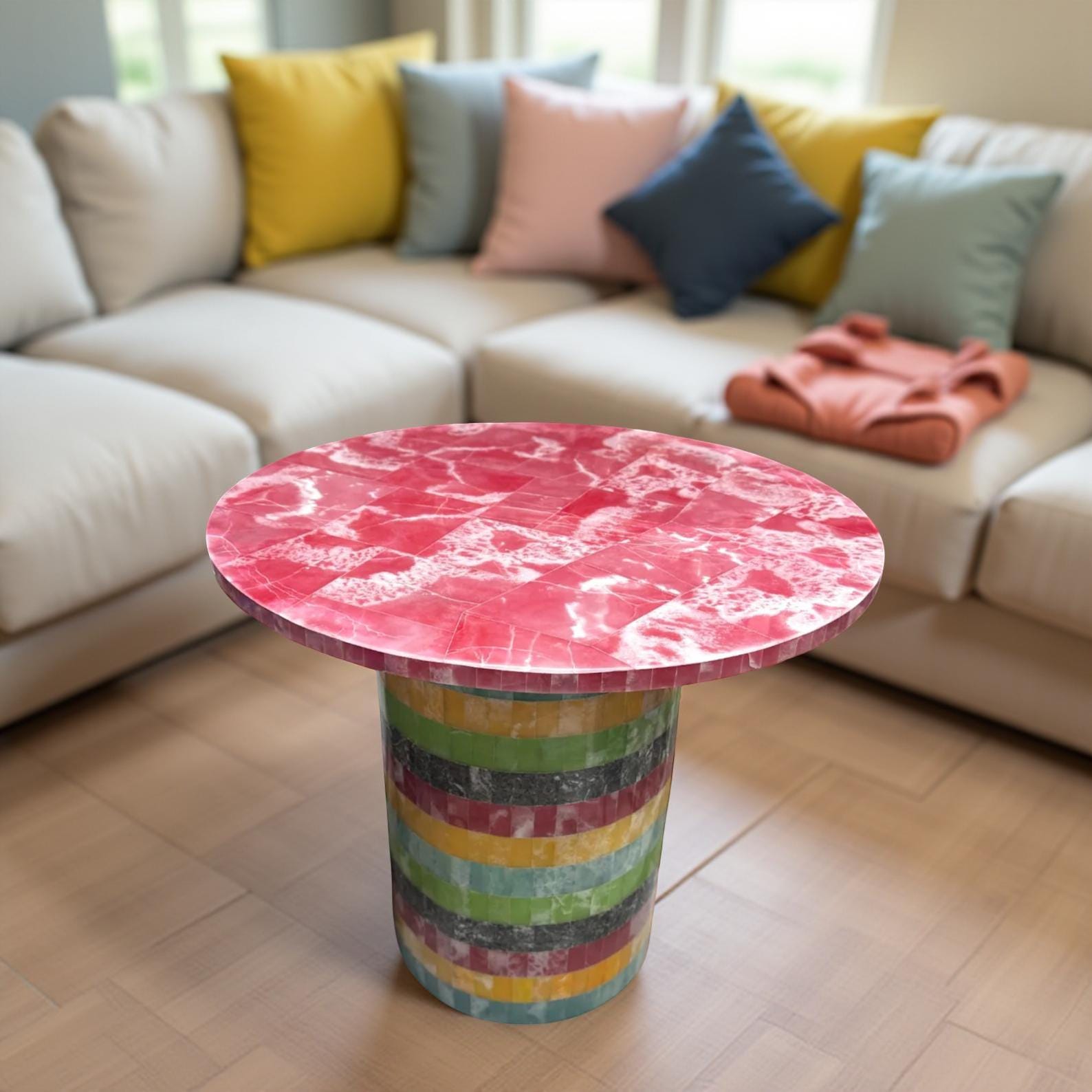 Luxury Rose Quartz Coffee Table with Gemstone Inlay | Handmade Marble Stand | Luxury Living Room Interior Decor Unique Handicrafts IND