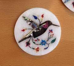 Handcrafted White Marble Coaster Set for Coffee Cup | Semi-Precious Inlay Birds & Floral Art | Handmade Gift for Him Unique Handicrafts IND