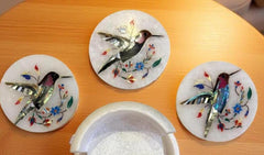 Handcrafted White Marble Coaster Set for Coffee Cup | Semi-Precious Inlay Birds & Floral Art | Handmade Gift for Him Unique Handicrafts IND