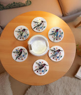 Handcrafted White Marble Coaster Set for Coffee Cup | Semi-Precious Inlay Birds & Floral Art | Handmade Gift for Him Unique Handicrafts IND
