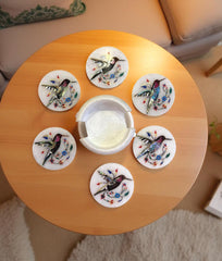 Handcrafted White Marble Coaster Set for Coffee Cup | Semi-Precious Inlay Birds & Floral Art | Handmade Gift for Him Unique Handicrafts IND
