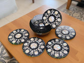 Black Marble Coaster Set with Mother of Pearl Inlay | Handmade Floral Art | Unique Gift for Loved One Unique Handicrafts IND