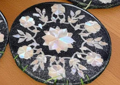 Black Marble Coaster Set with Mother of Pearl Inlay | Handmade Floral Art | Unique Gift for Loved One Unique Handicrafts IND