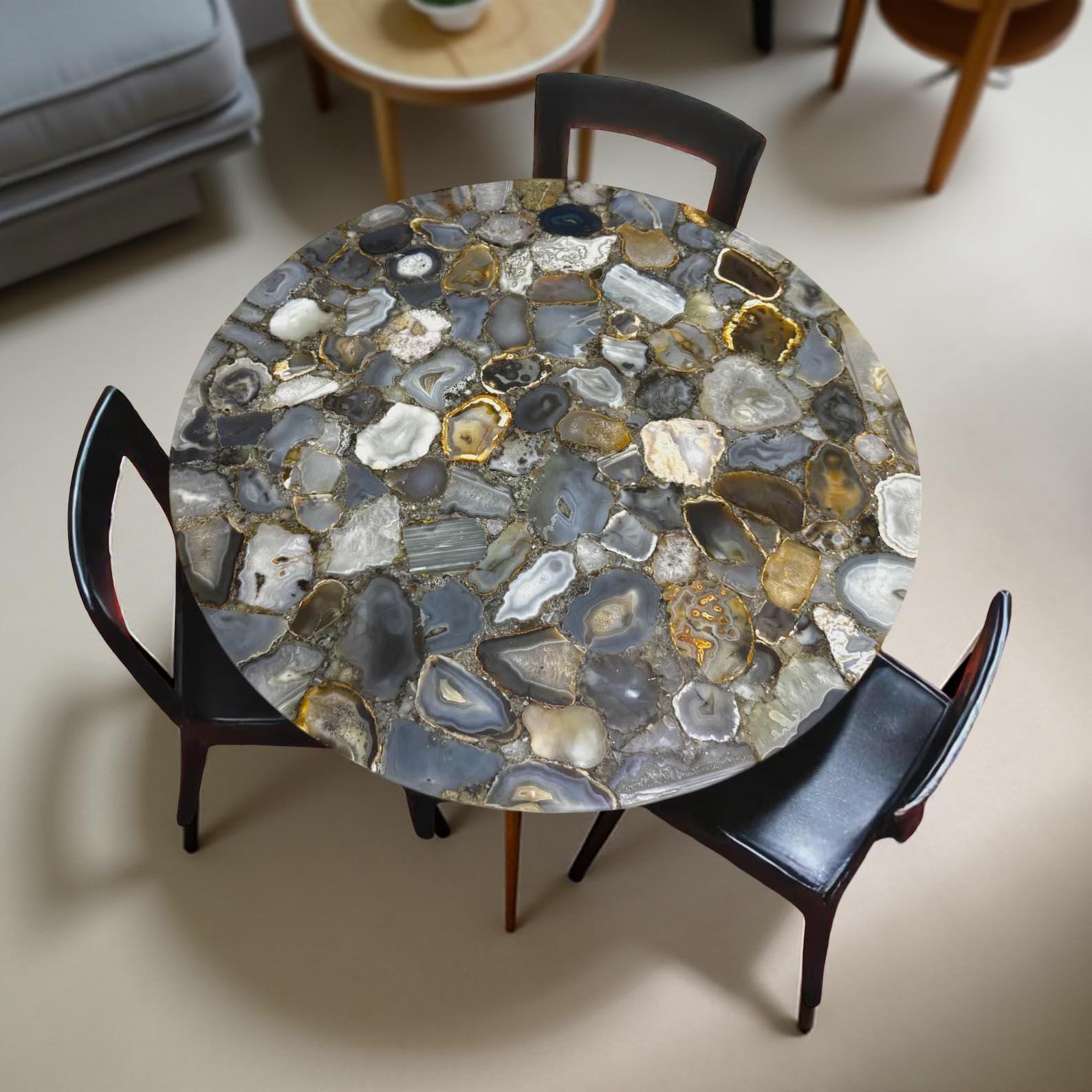 Antique Gemstone Quartz Center Table, Natural Stone Round Table Top – Handmade Home Decor Desk Accent Unique Handicrafts IND
