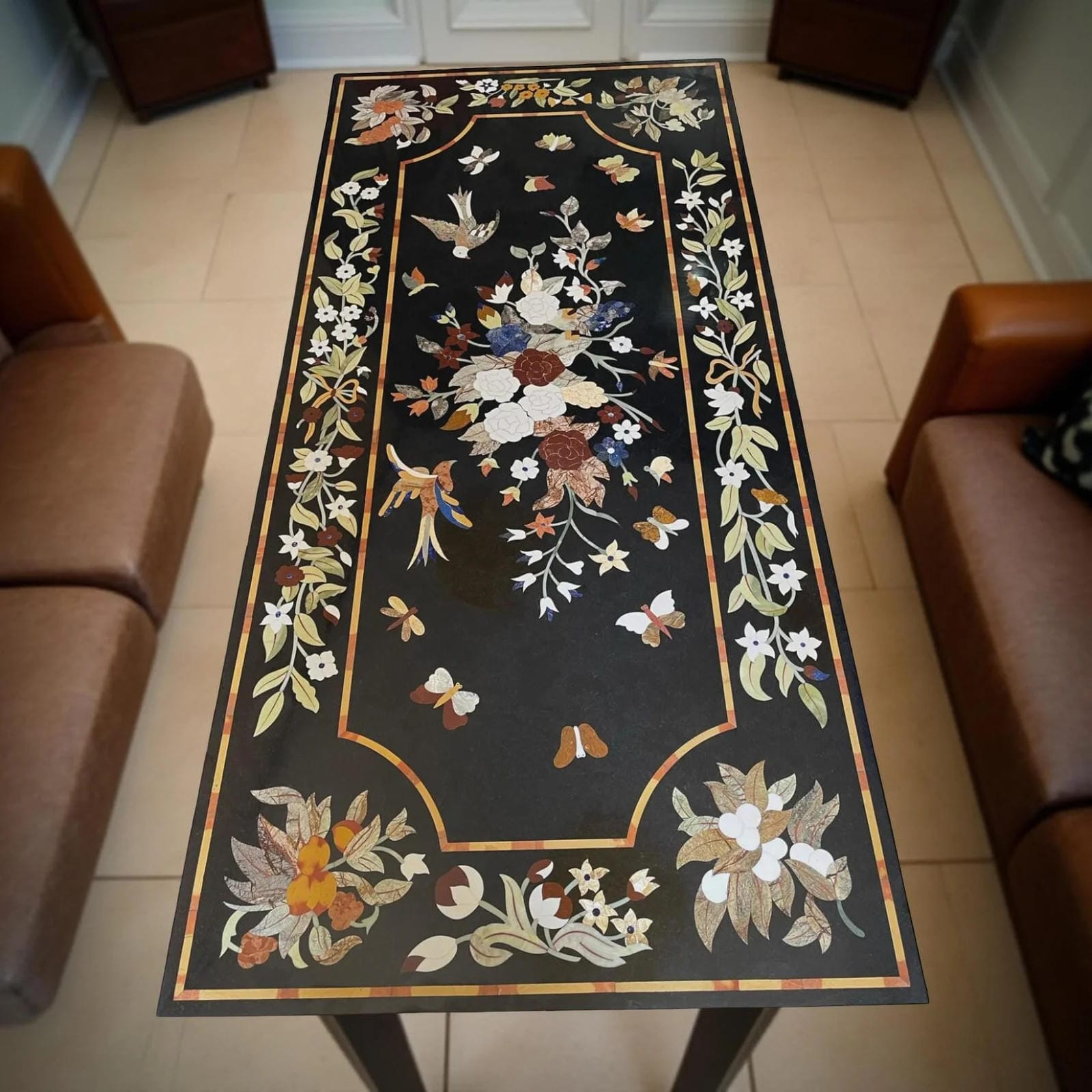 Black Marble Coffee Table Top – Pietra Dura Floral Inlay Art with Semi-Precious Stones | Handmade Table for Home Decor Unique Handicrafts IND