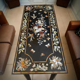 Black Marble Coffee Table Top – Pietra Dura Floral Inlay Art with Semi-Precious Stones | Handmade Table for Home Decor Unique Handicrafts IND