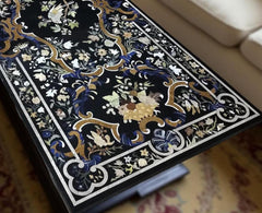 Black Marble Inlay Dining Table Top | Handmade Pietra Dura Semi-Precious Stone Art | Luxury Dining Decor | Unique Inlay Furniture Unique Handicrafts IND